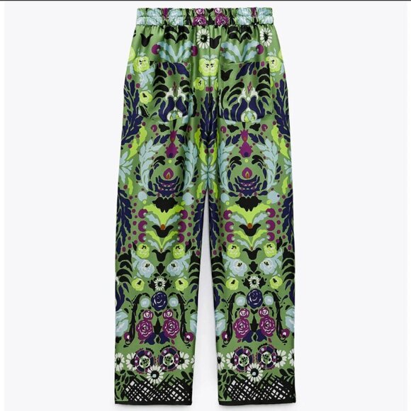 NEW Zara Satin Effect Floral Wide-Leg Pyjama Style Pants in Green, Size S - Picture 11 of 16